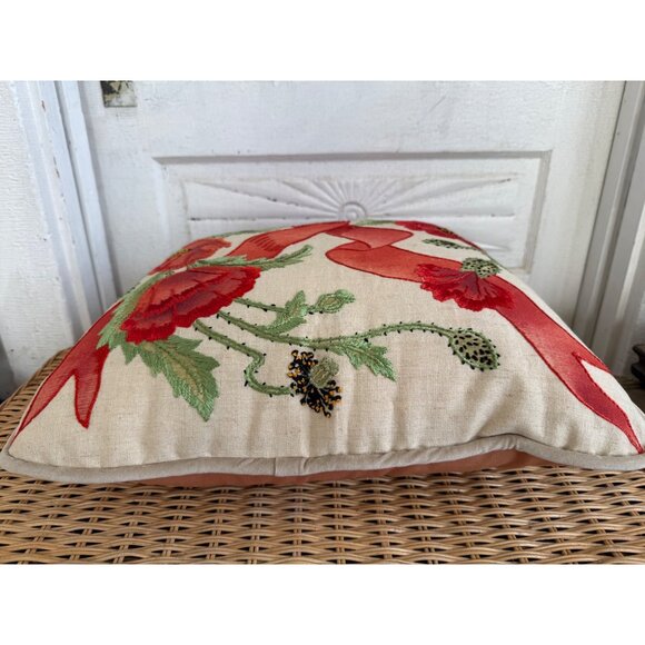 Vintage MCM Accent Pillow Linen Embroidered Red Poppy Flowers Bow 17x17" - Picture 11 of 11